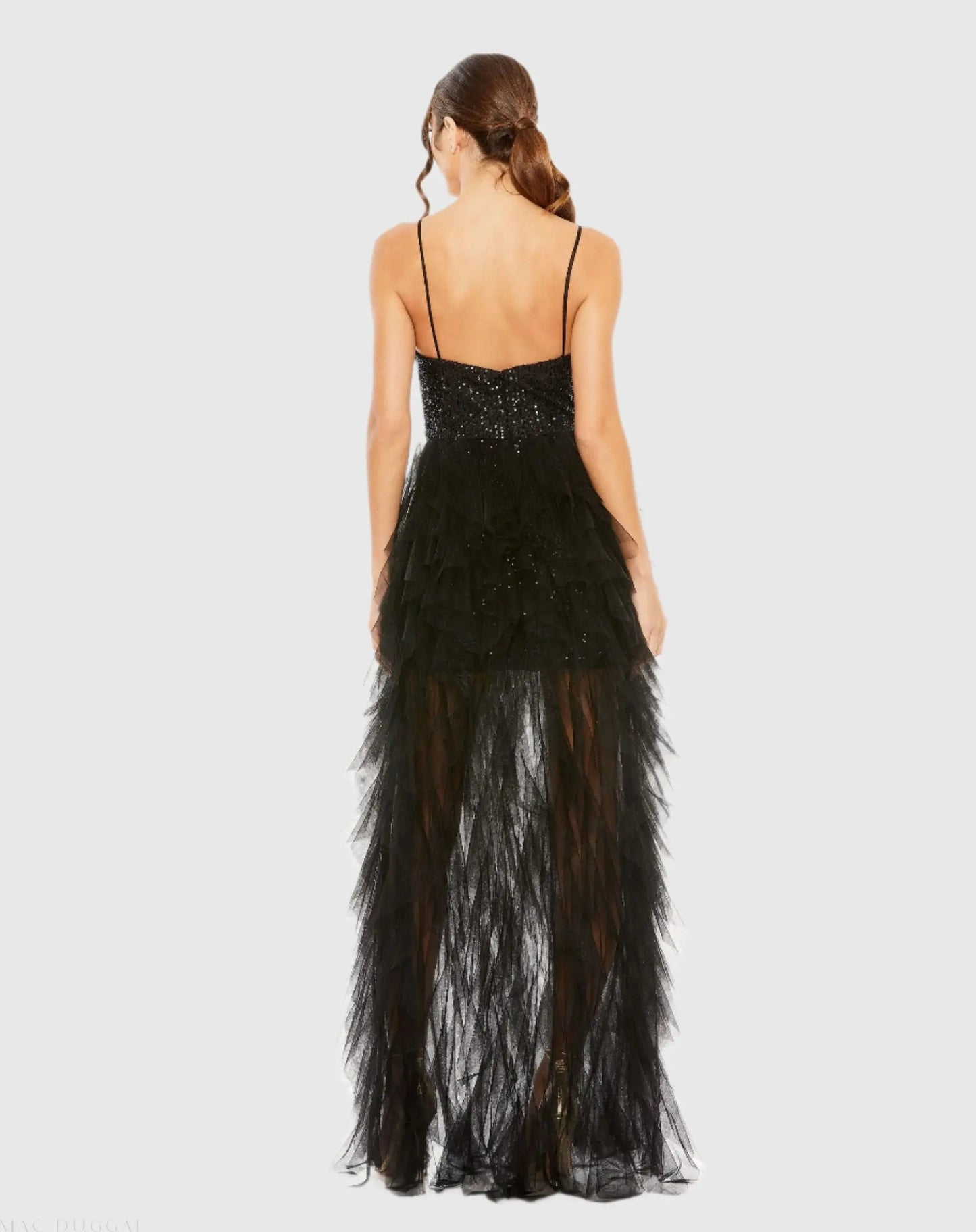 Black Sequin A-Line Dress with High-Low Ruffle Skirt