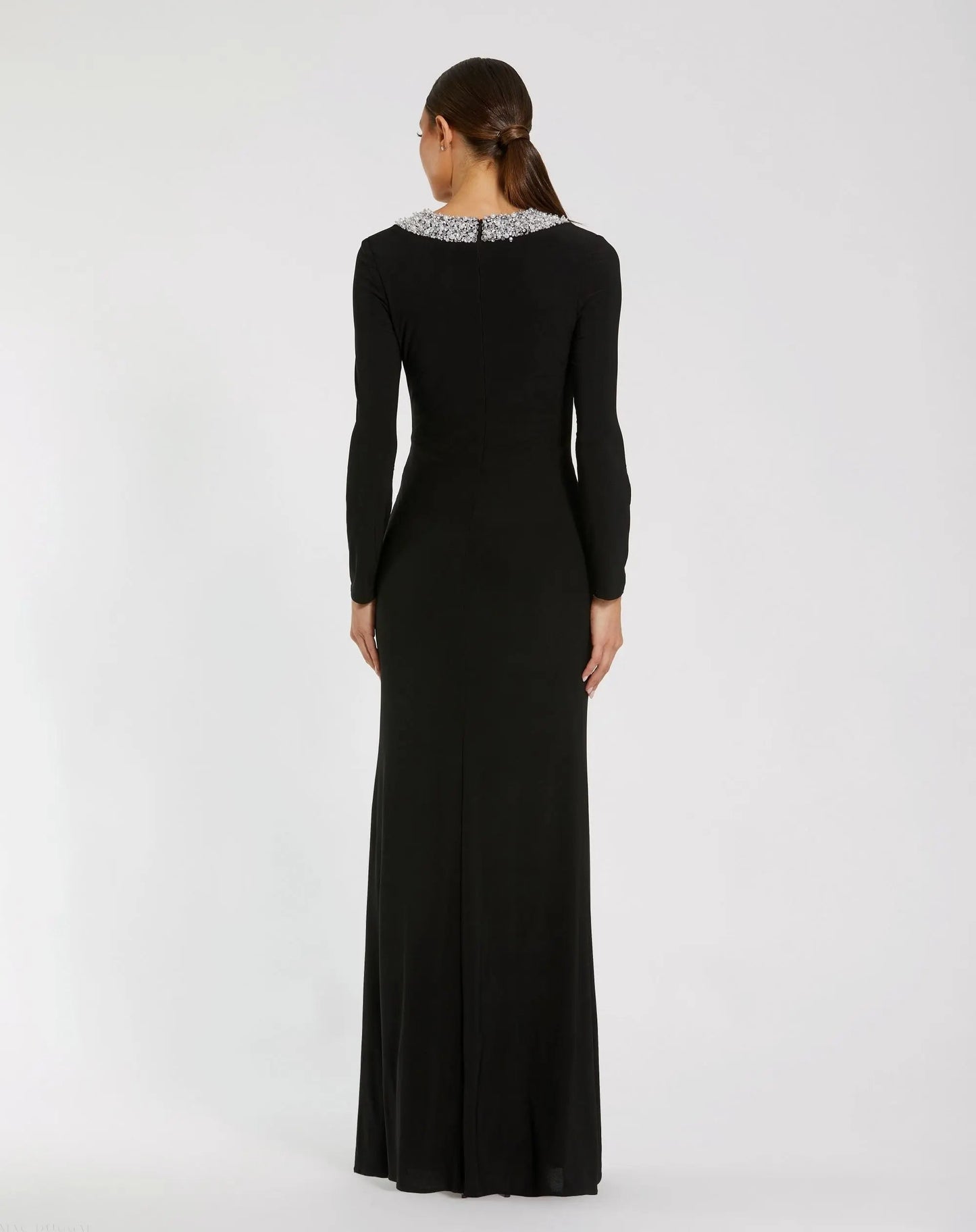 Black Long Sleeve Embellished High Neck Jersey Gown