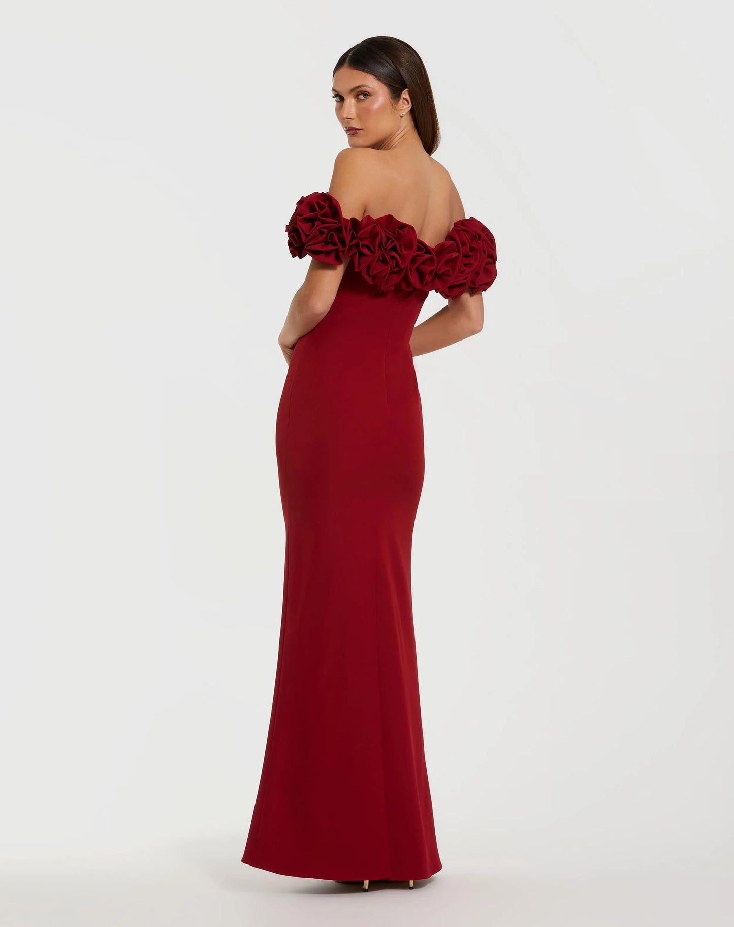 Burgundy Crepe Off The Shoulder Column Gown With 3D Roses