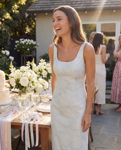 Light Blue Brocade Sleeveless Scoop Neck Midi Dress