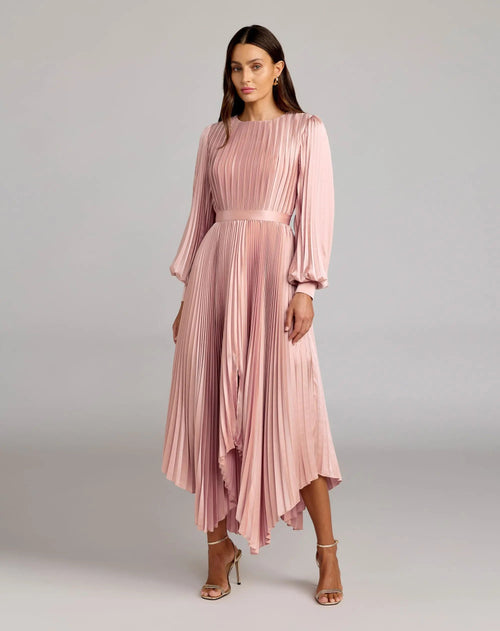 Blush Long Sleeve Pleated Charmeuse Handkerchief Dress