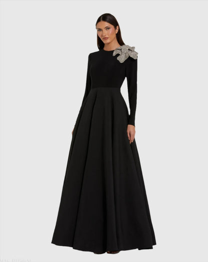 Black Long Sleeve Ball Gown with Rhinestone Flower