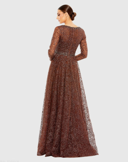 Brown Embellished Illusion Long Sleeve V Neck Gown - FINAL SALE