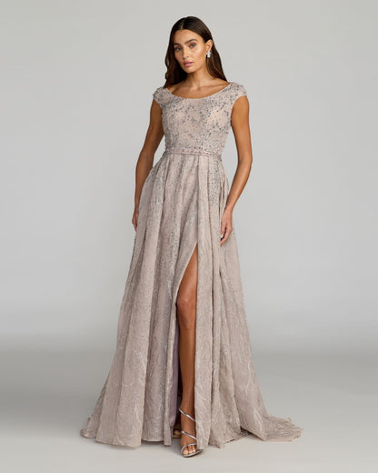 Light Purple Beaded Cap Sleeve A-Line Gown with Slit