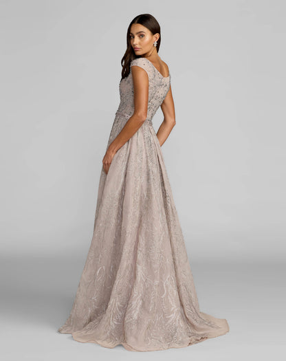 Light Purple Beaded Cap Sleeve A-Line Gown with Slit