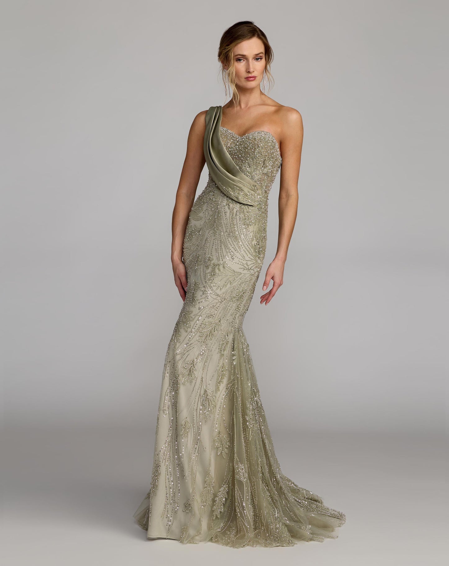 Green Beaded One Shoulder Draped Mermaid Gown