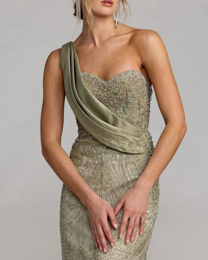 Green Beaded One Shoulder Draped Mermaid Gown