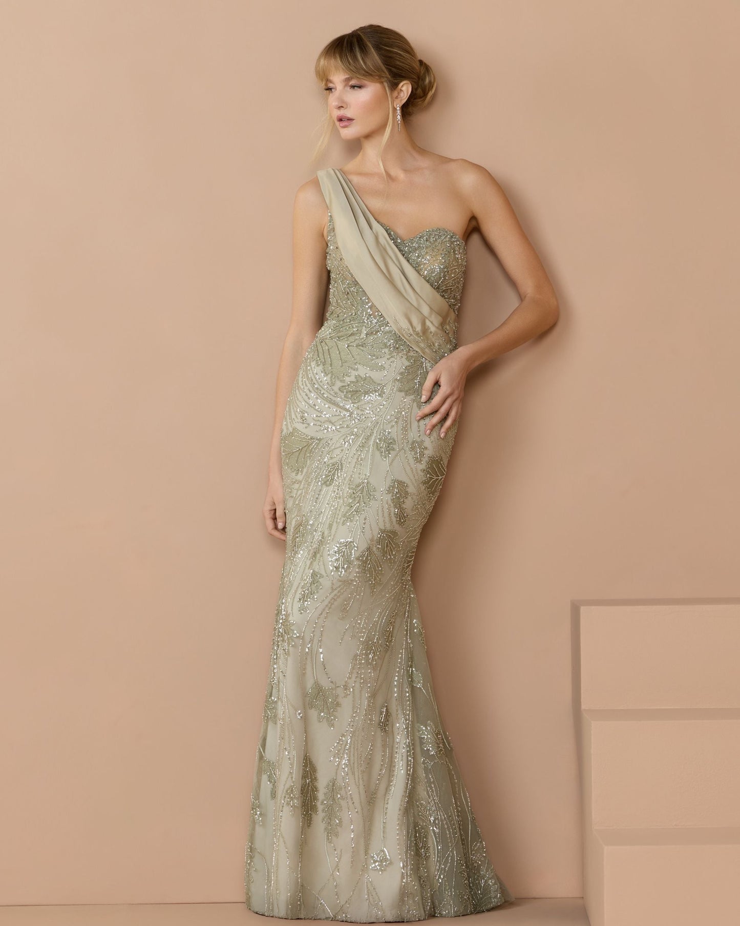 Green Beaded One Shoulder Draped Mermaid Gown