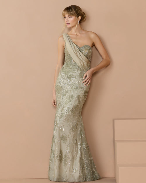 Green Beaded One Shoulder Draped Mermaid Gown