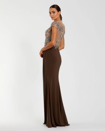 Brown High Neck Embellished Jersey Gown
