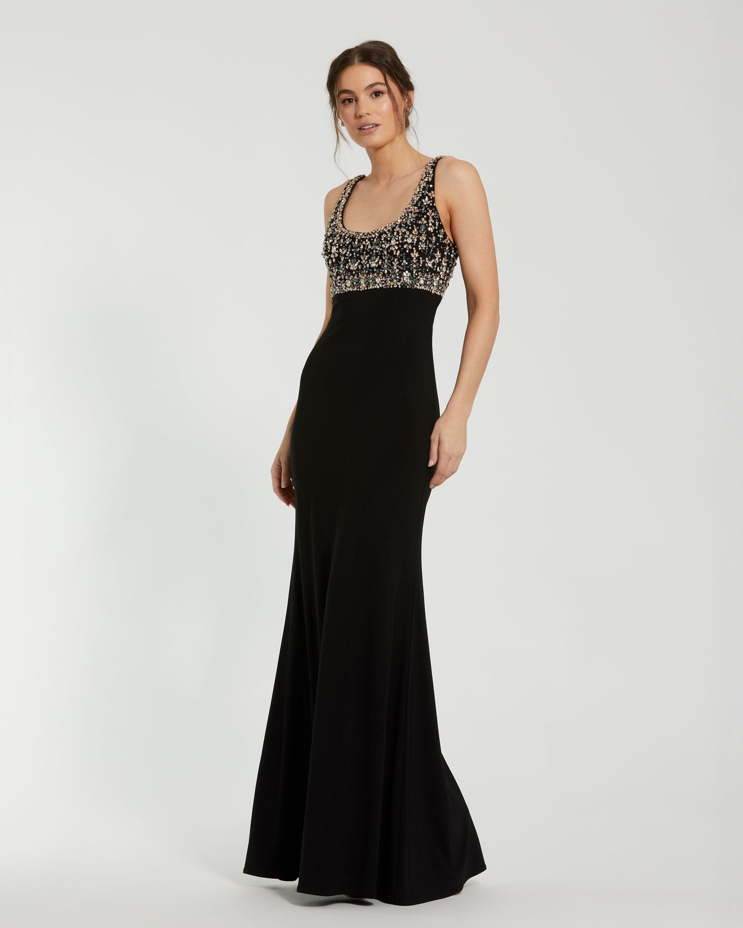 Black Sleeveless Scoop Neck Embellished Jersey Gown
