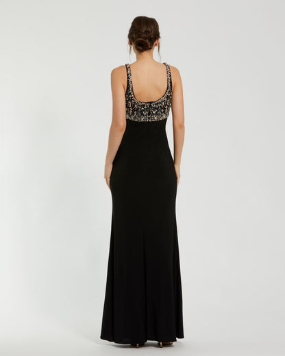 Black Sleeveless Scoop Neck Embellished Jersey Gown