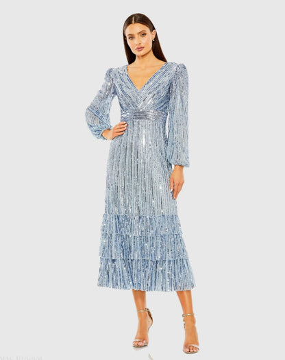 Blue A-Line V-Neck Sequin Ruffle Dress