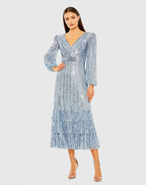 Blue A-Line V-Neck Sequin Ruffle Dress