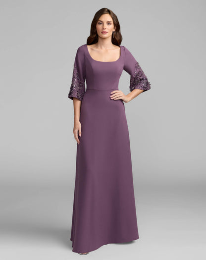 Crepe Gown With Floral Embellished Sleeves