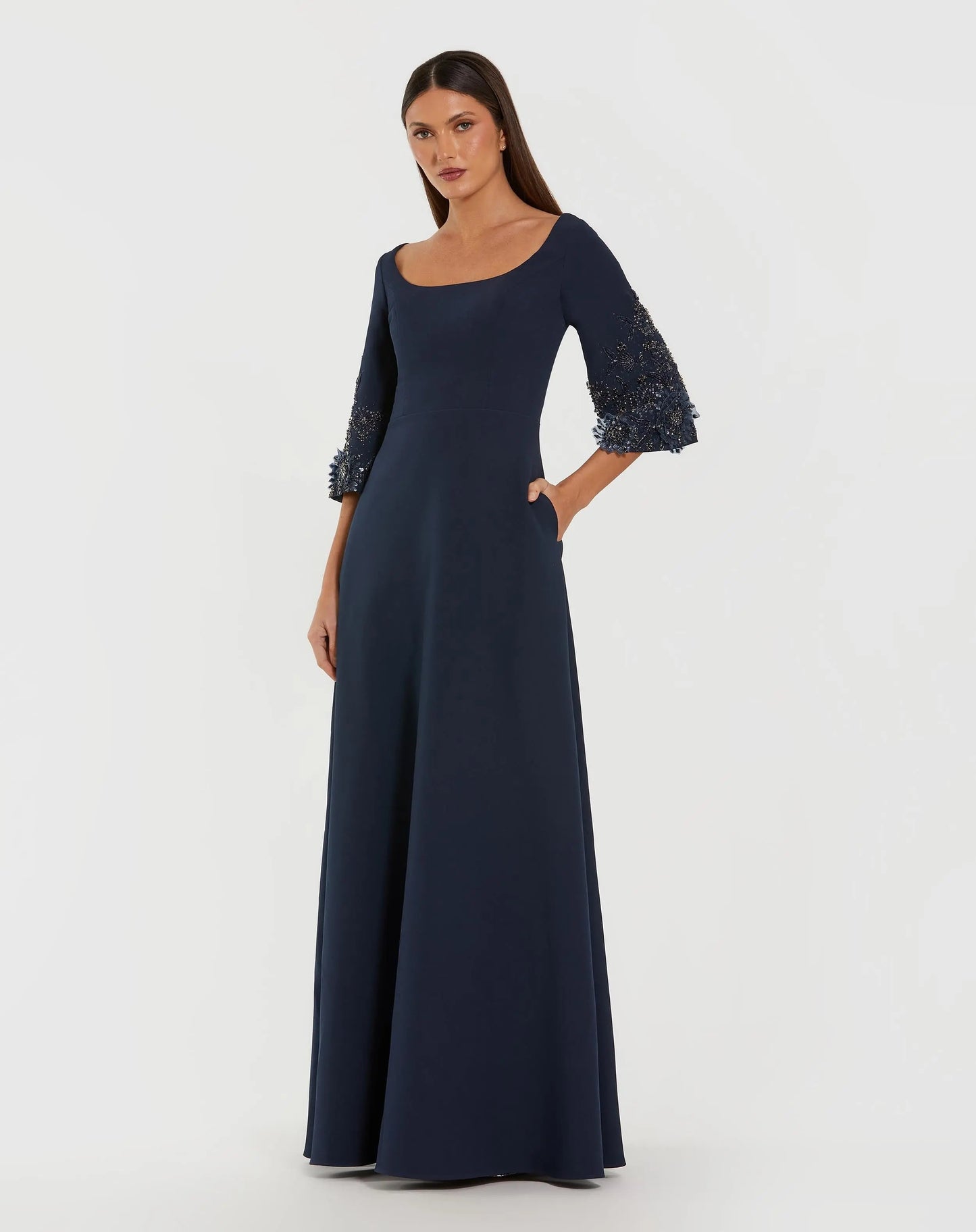 Crepe Gown With Floral Embellished Sleeves