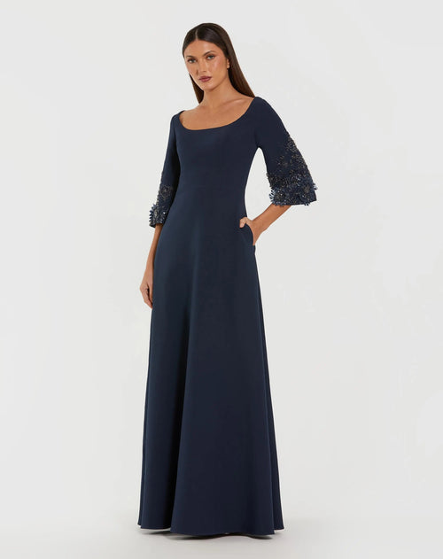 Crepe Gown With Floral Embellished Sleeves