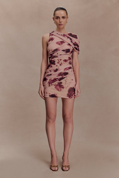 Adrienne One Shoulder Mesh Mini Dress - Nude Blurred Floral Print
