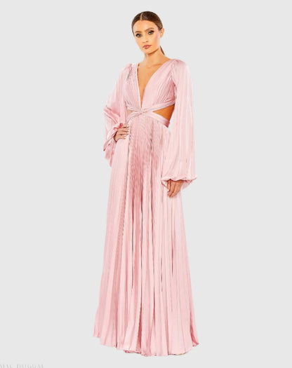 Long Sleeve Charmeuse Cut Out Gown