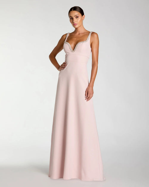 Crepe A-Line Gown With Rhinestone Trim