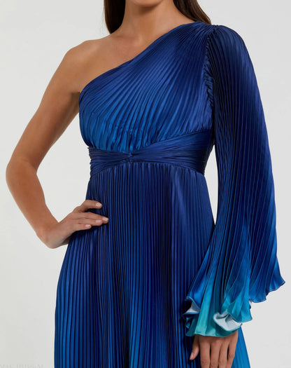 Blue Pleated Charmeuse One Shoulder Ombre Gown