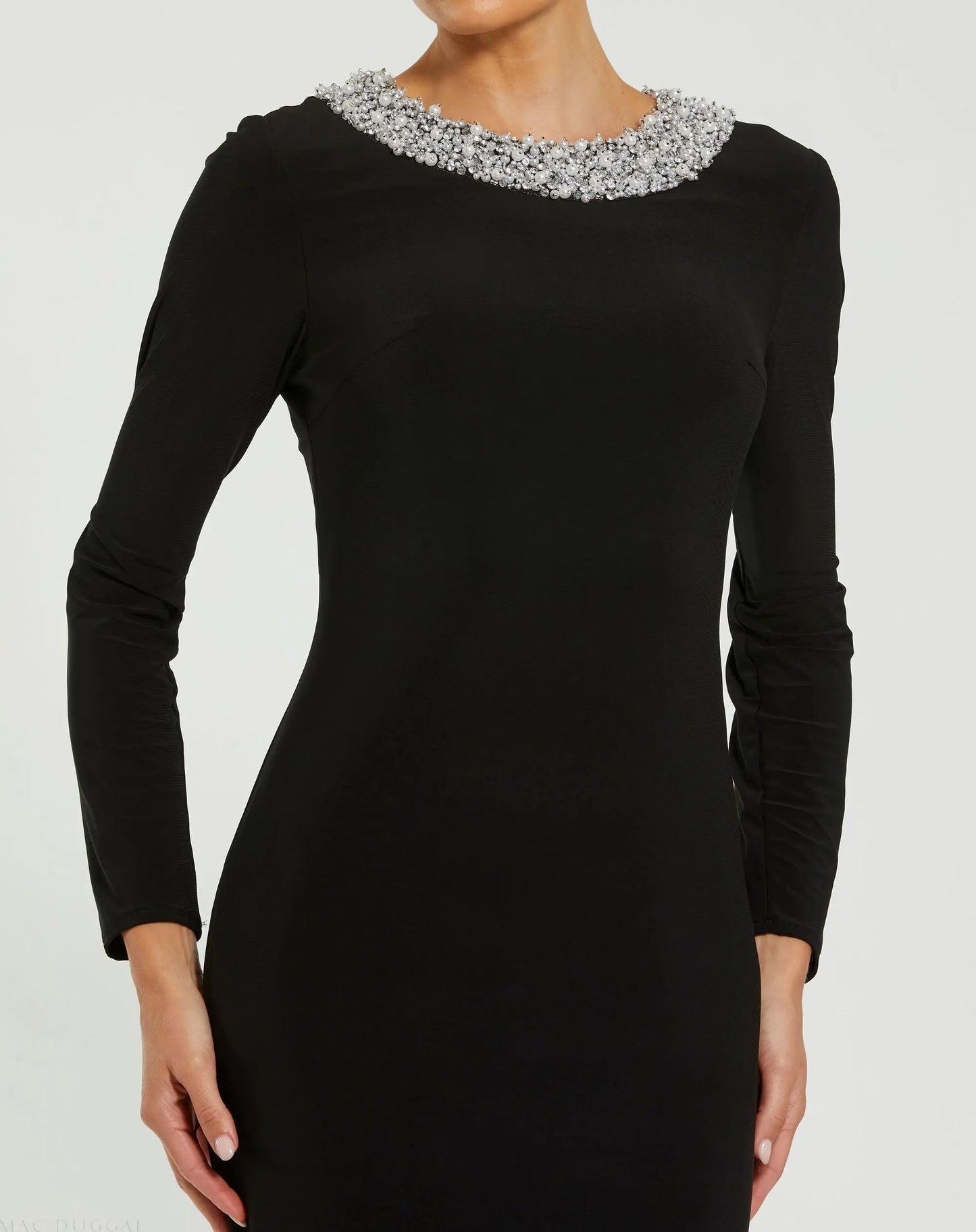 Black Long Sleeve Embellished High Neck Jersey Gown