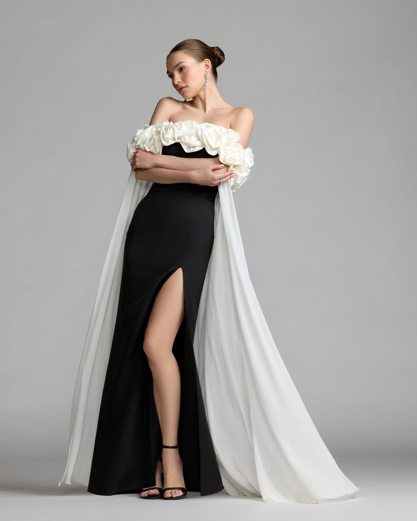 Black Off The Shoulder Crepe Gown With Chiffon Cape