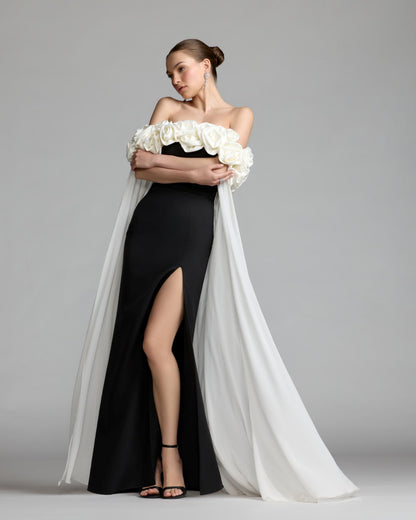 Black Off The Shoulder Crepe Gown With Chiffon Cape