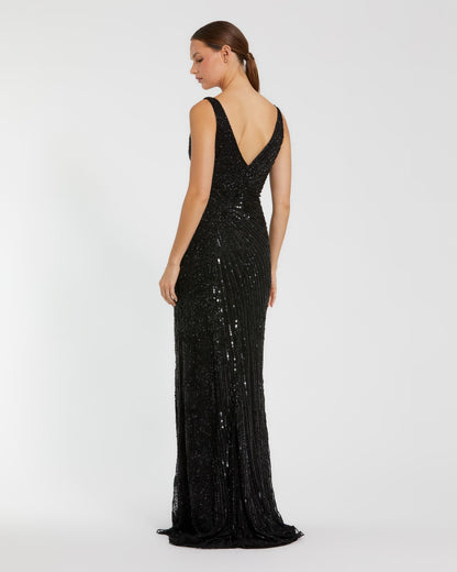 Black Beaded Floral Sleeveless Gown