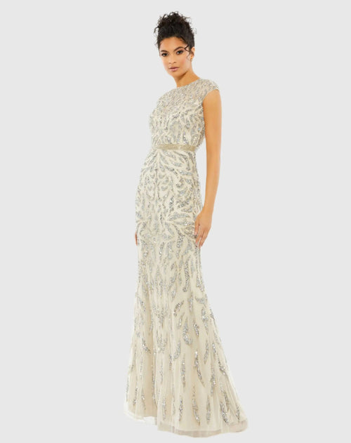 Embellished Illusion Cap Sleeve Column Gown