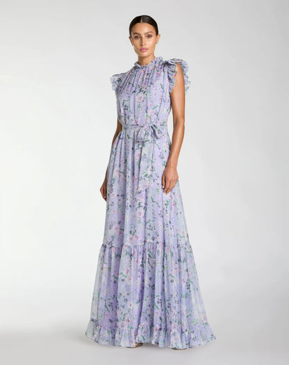 Light Purple Floral Chiffon Cap Sleeve Gown