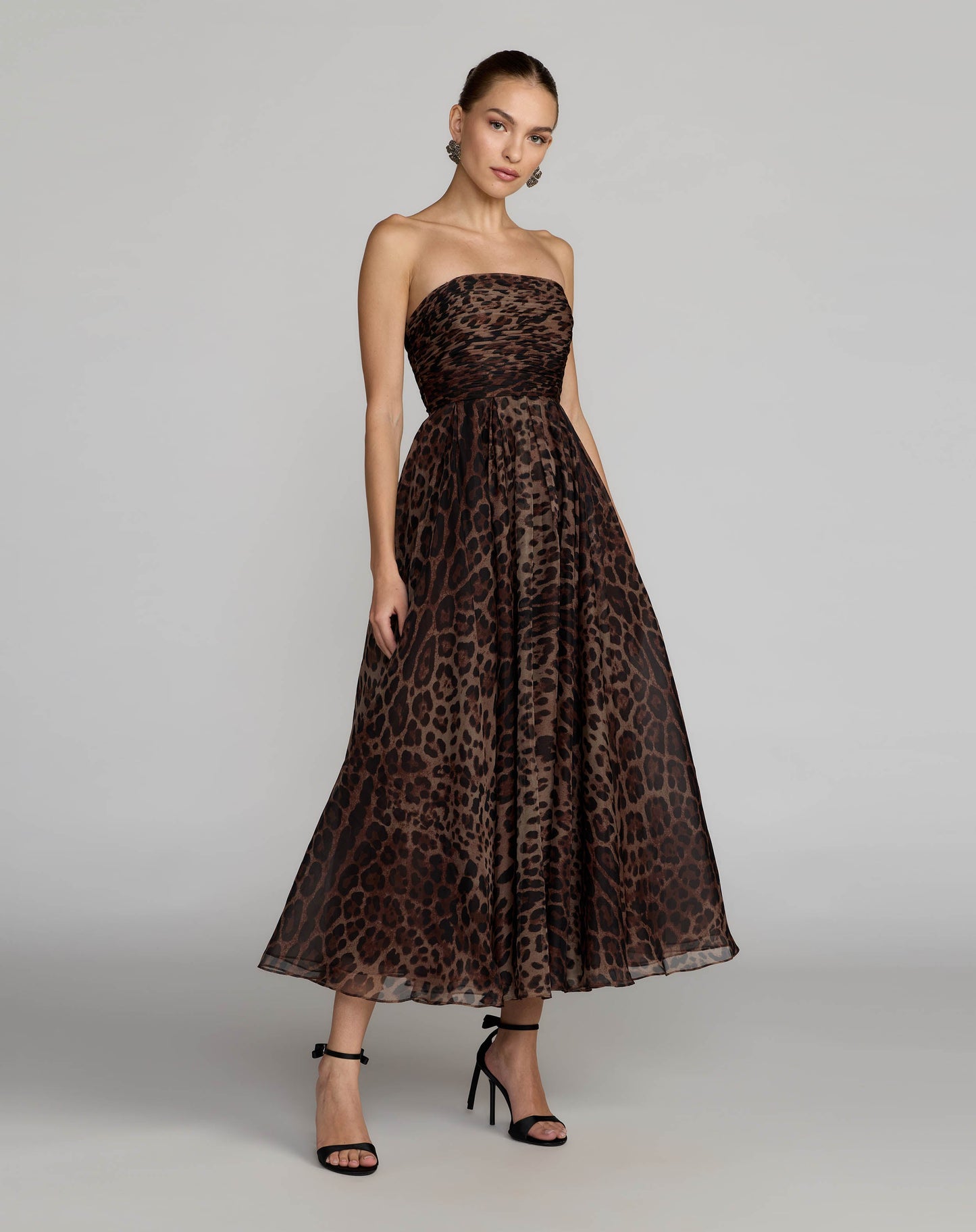Leopard Strapless A-Line Chiffon Midi Dress