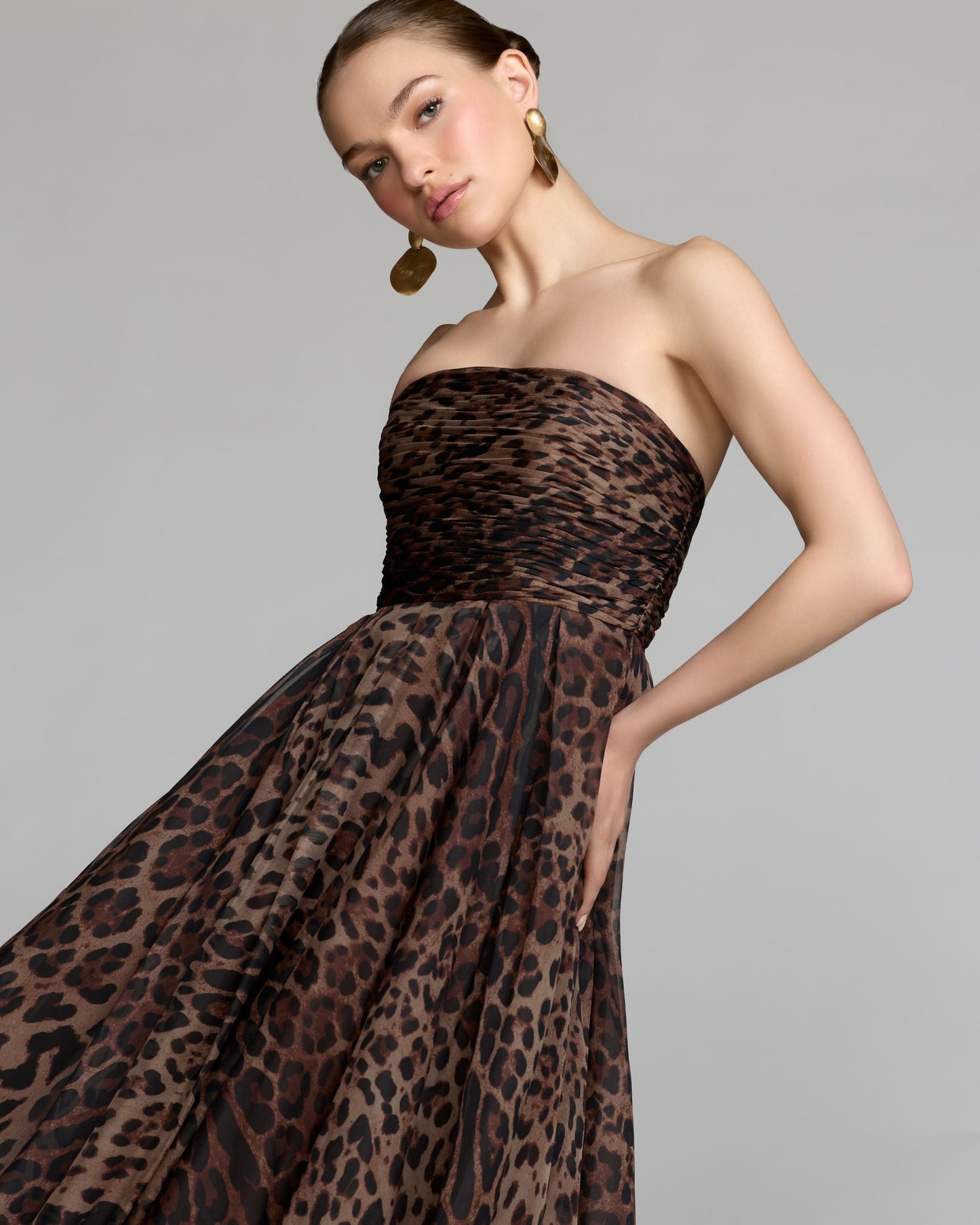 Leopard Strapless A-Line Chiffon Midi Dress