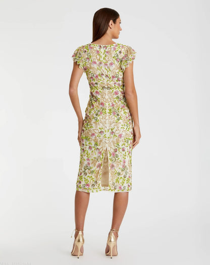 Beige Floral Embellished Flutter Cap Sleeve Dress