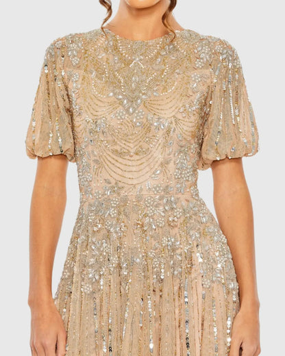 Beige High Neck Puff Sleeve Embellished A Line Gown