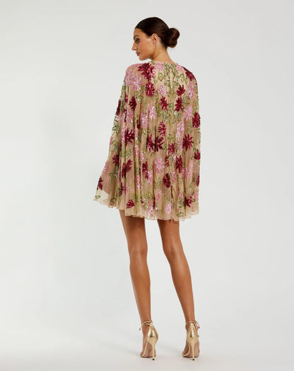 Beige Floral Embellished Cape Mini Dress