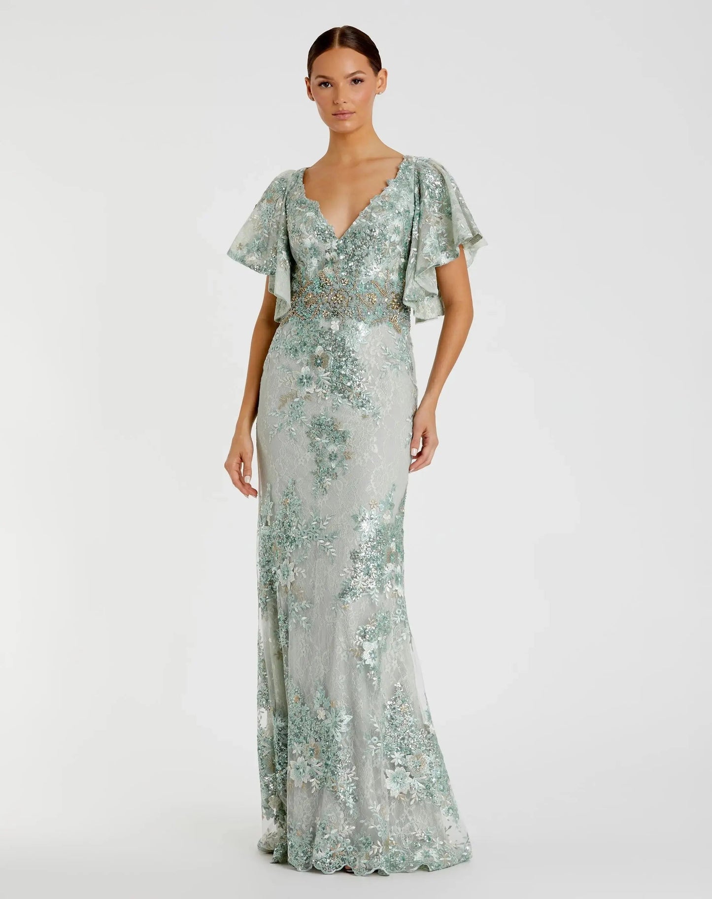 Green Bell Sleeve Floral Embellished Gown