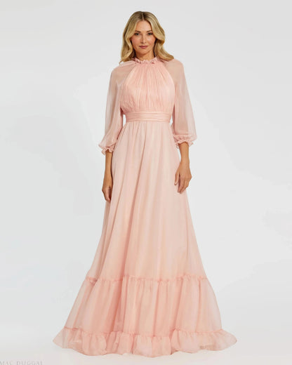 Chiffon Ruched Illusion Raglan Sleeve Ruffled Gown