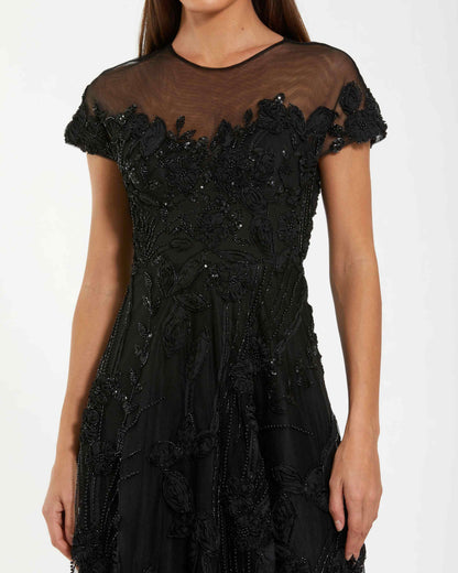 Black Embellished Lace Illusion Cocktail Dress