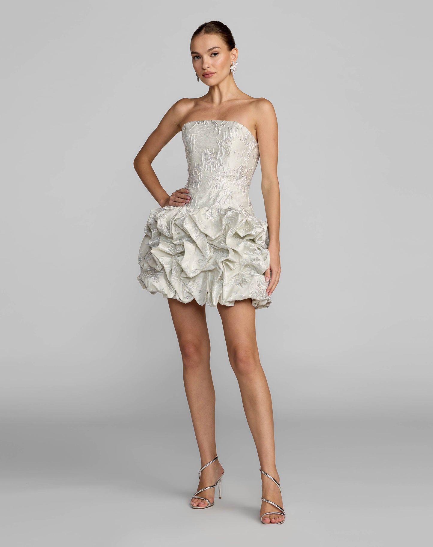 Ivory Strapless Brocade Bubble Hem Mini Dress