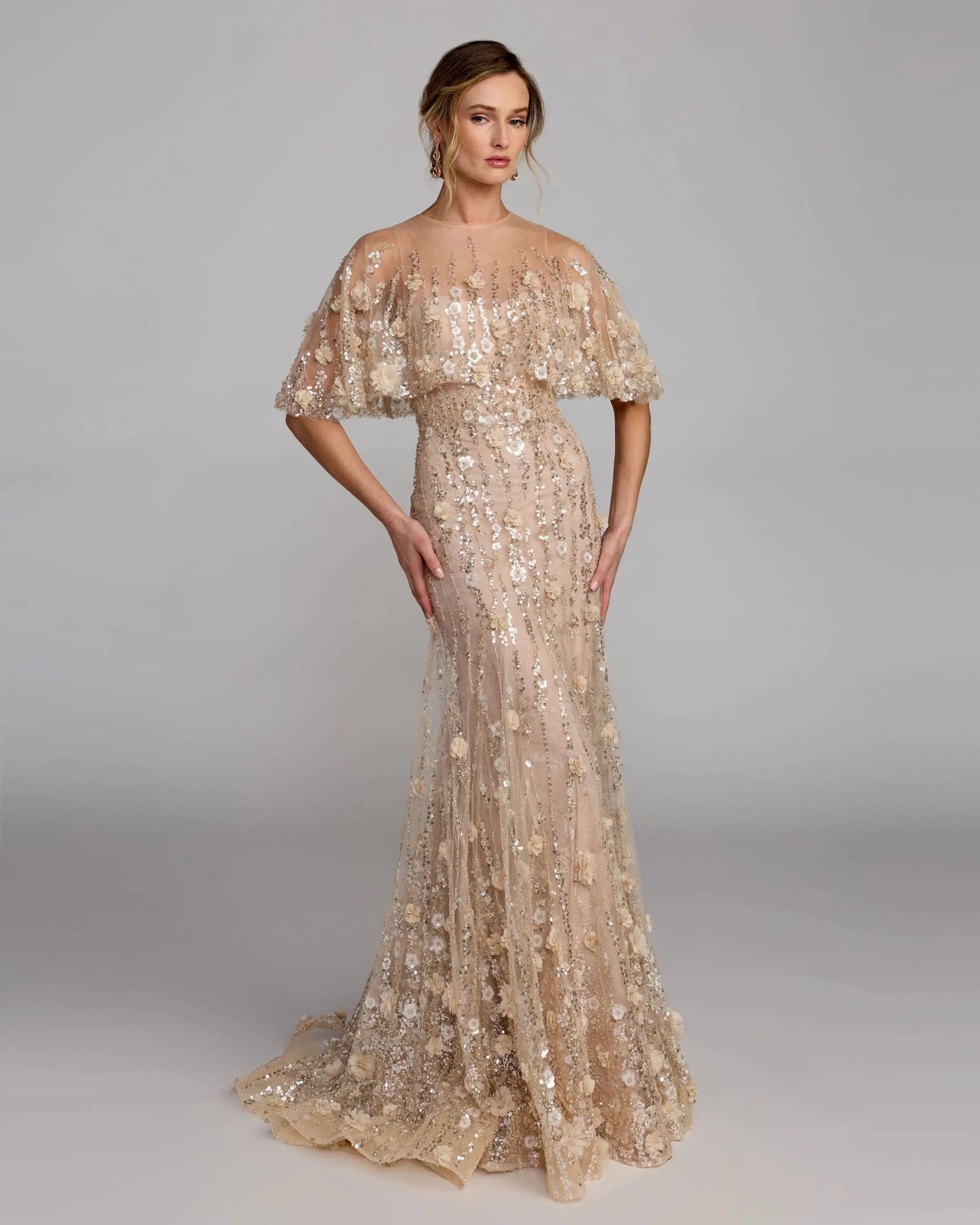 Beige Embellished Cape Sleeve Gown