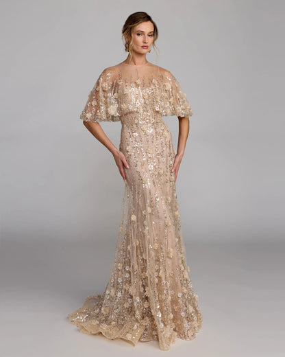 Beige Embellished Cape Sleeve Gown
