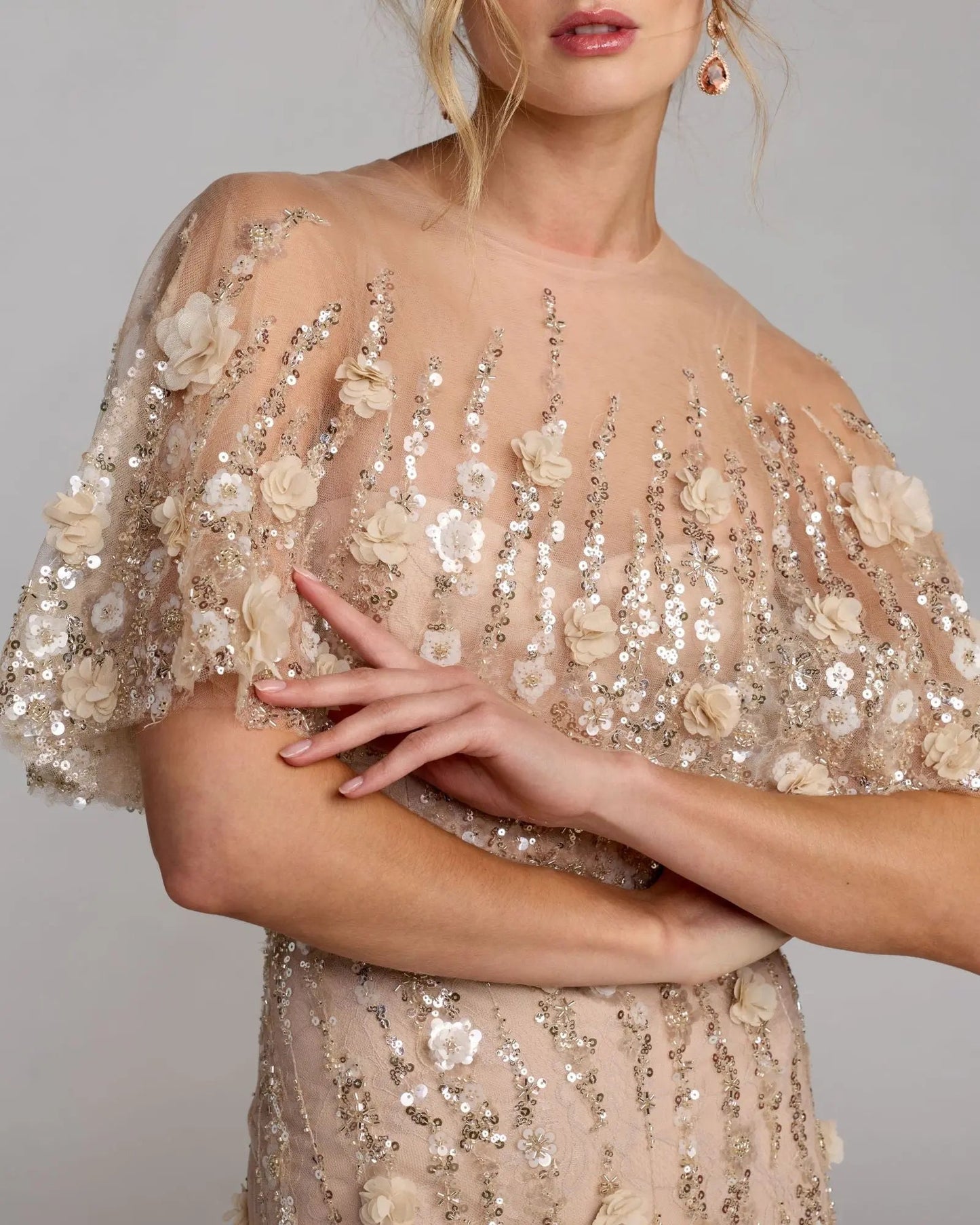 Beige Embellished Cape Sleeve Gown