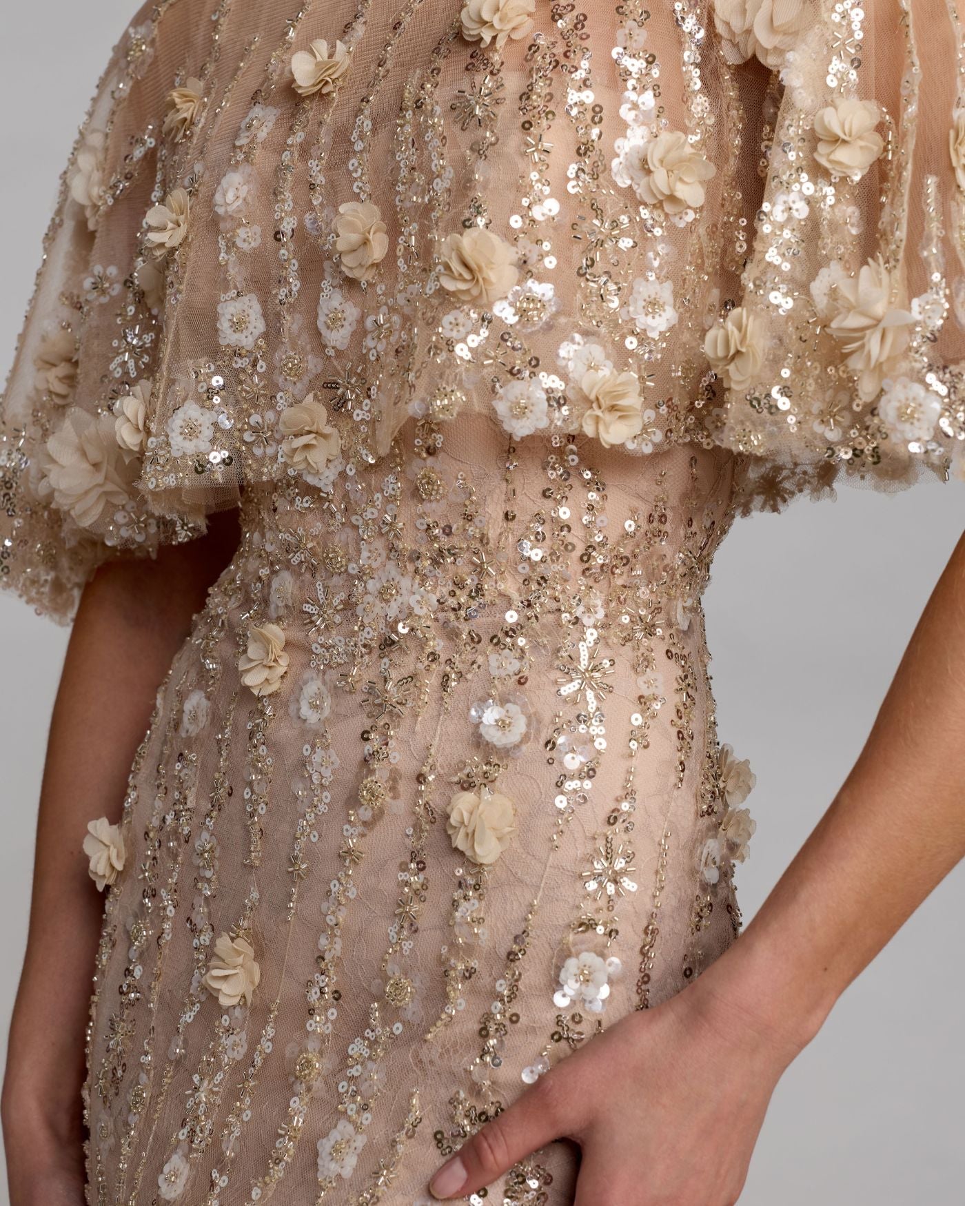 Beige Embellished Cape Sleeve Gown