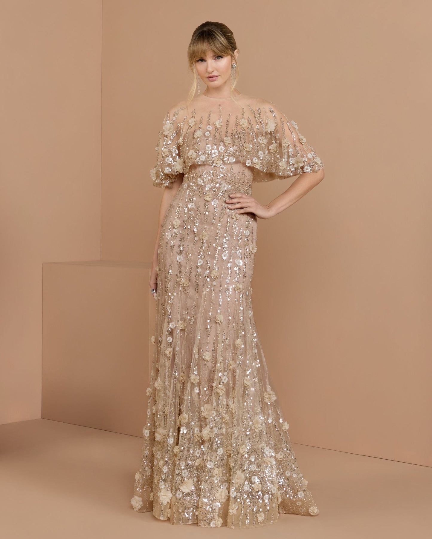 Beige Embellished Cape Sleeve Gown