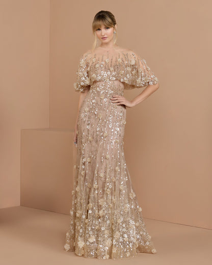 Beige Embellished Cape Sleeve Gown