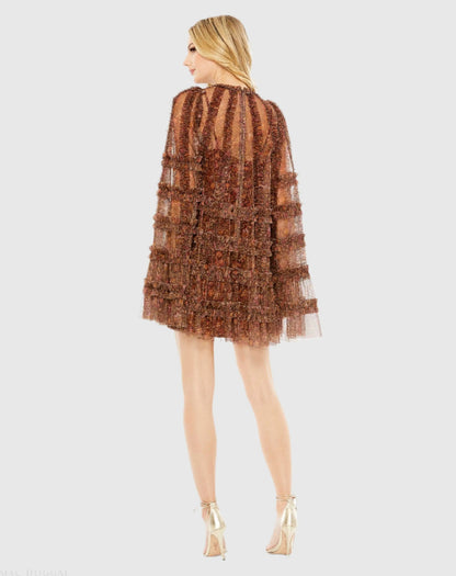 Brown Floral Print Long Flare Sleeve Mesh A-Line Dress - FINAL SALE