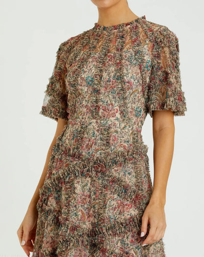 Beige Floral Midi Dress with Ruffle Detailing