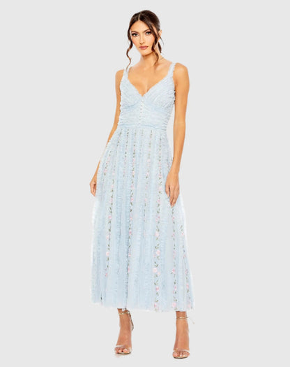 Blue Ruffle Floral Embroidered Detail Midi Dress
