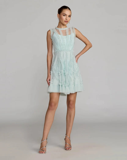 High Neck Sleeveless Micro Ruffle Mini Dress